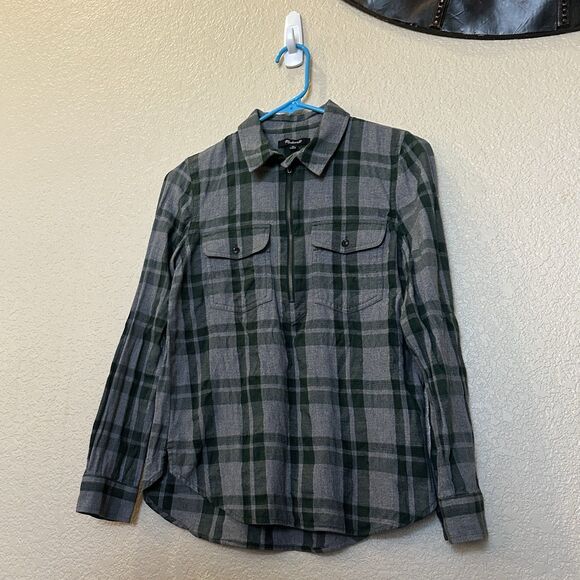 Madewell Tops - Madewell Women's Flannel Zip-Front Popover Shirt Gray/Green Plaid Size XSMALL